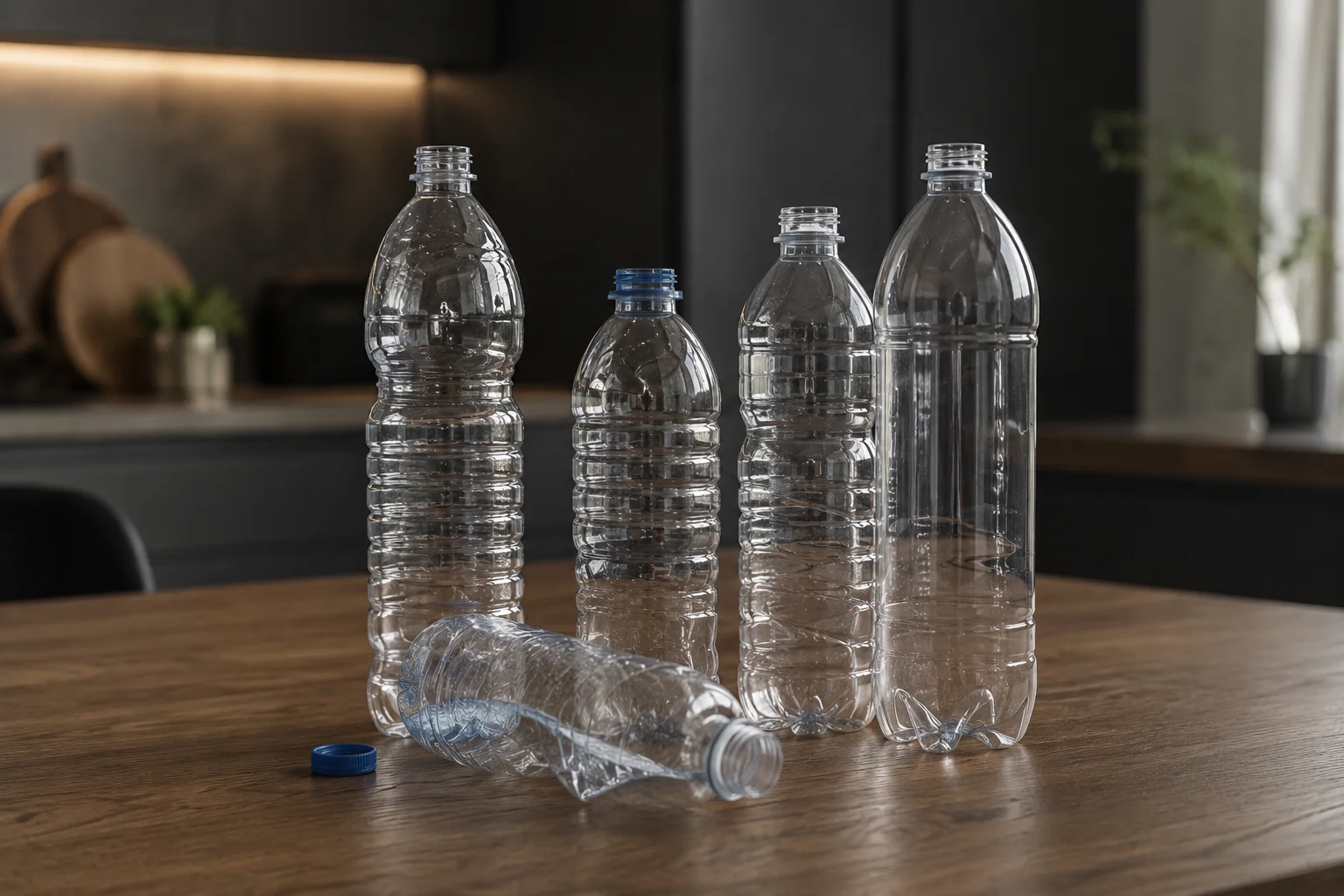 Zużyte i zgniecione butelki plastikowe przygotowane do recyklingu.