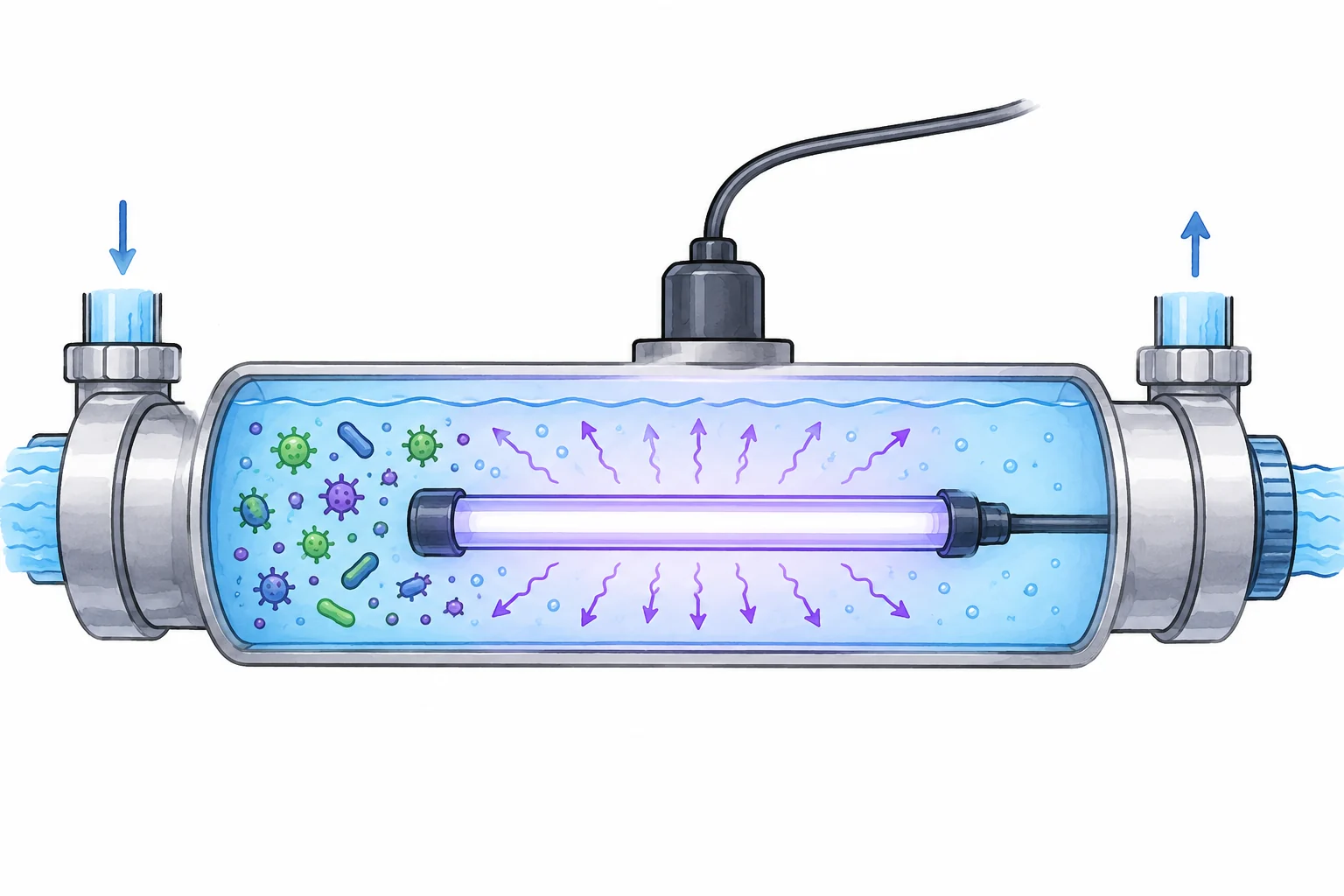 Lampa UV powinna pracować po wcześniejszych etapach filtracji, gdy woda jest już klarowna.
