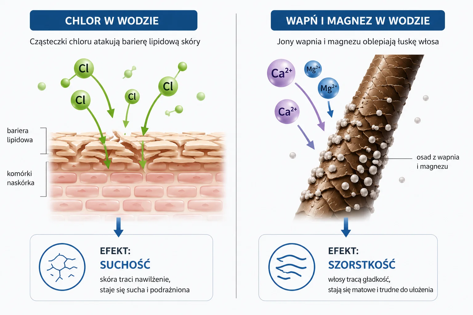 Infografika przedstawiająca wpływ chloru i wapnia na skórę i włosy pod prysznicem.