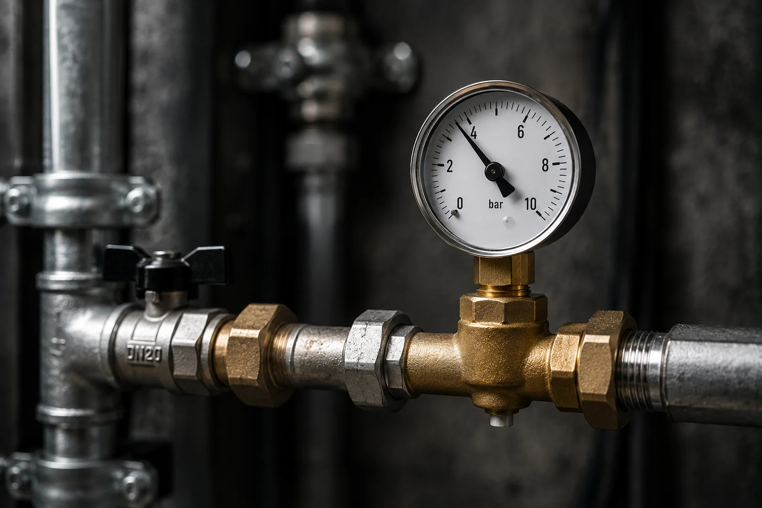 Reduktor ciśnienia z manometrem chroniący zmiękczacz wody przed uderzeniami hydraulicznymi.