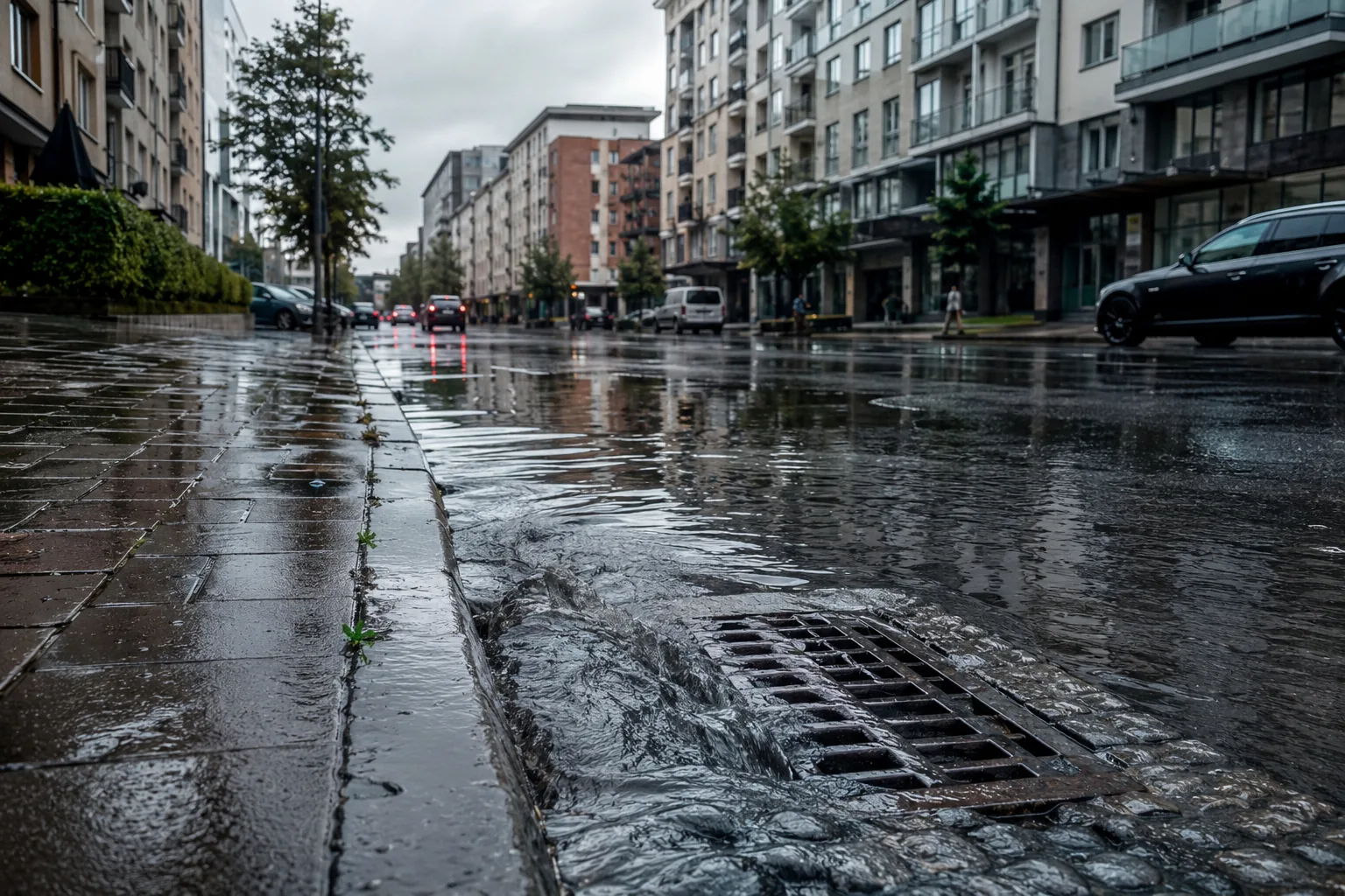 Miejska przestrzeń po deszczu pokazująca rolę lokalnego zatrzymywania wody.