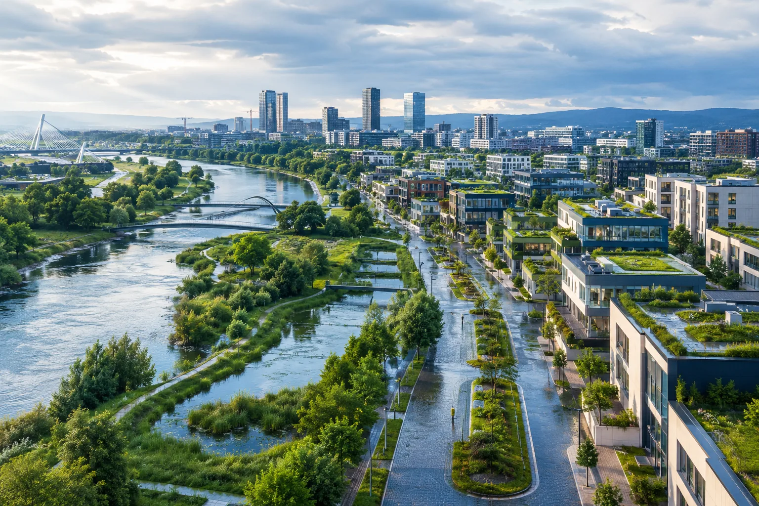 Miasto wykorzystujące zieleń i błękitną infrastrukturę do zatrzymywania wody opadowej.