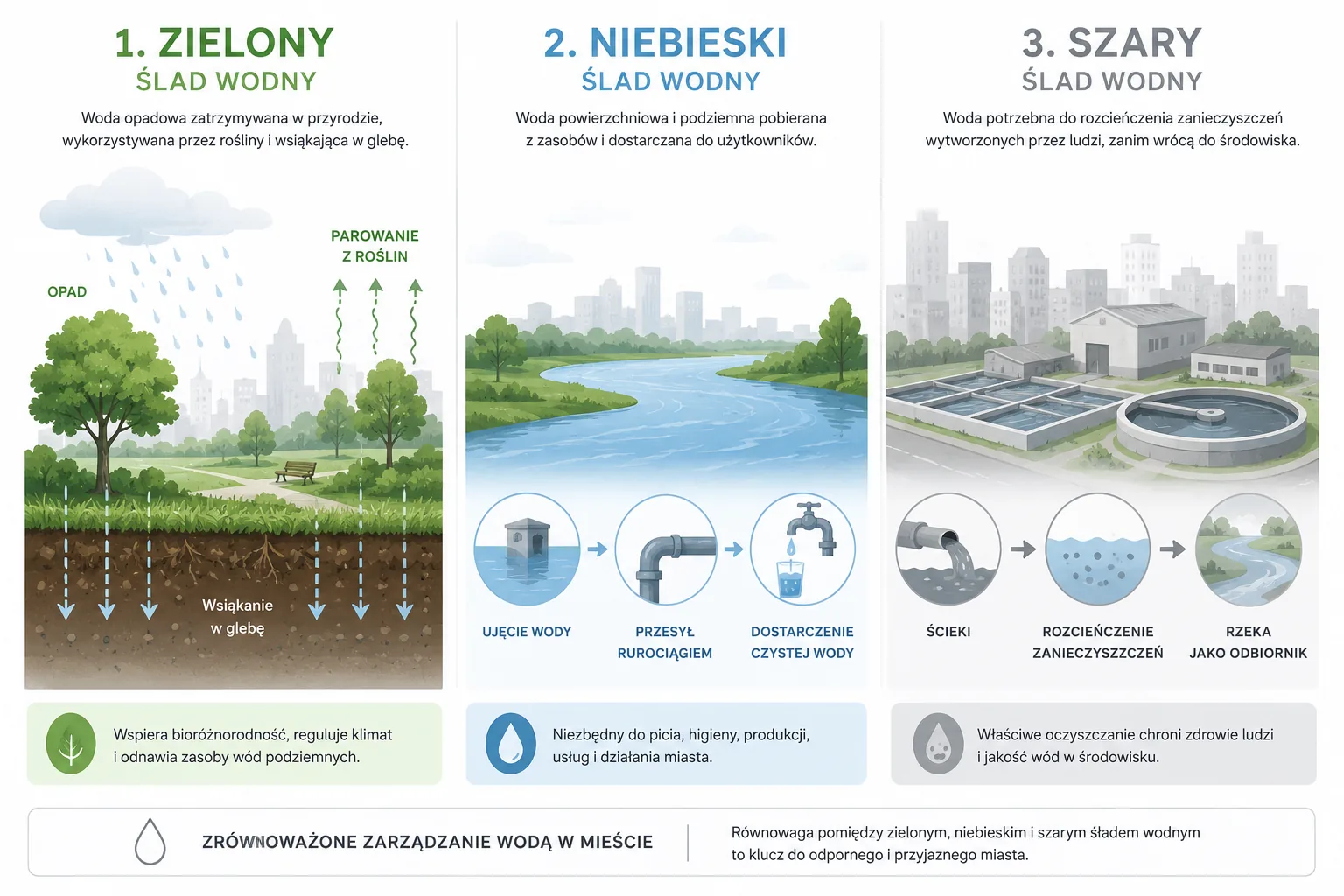 Trzy typy śladu wodnego miasta: zielony, niebieski i szary.