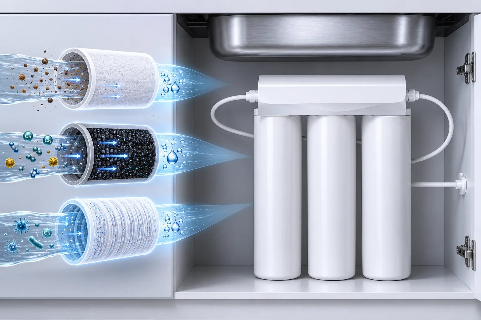 System ultrafiltracji UFM zamontowany pod zlewem kuchennym.