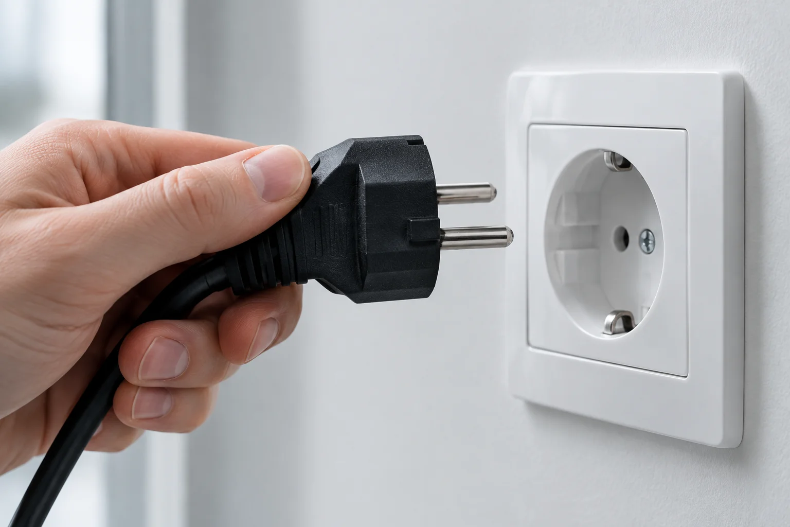 Wtyczka zmiękczacza podłączona do gniazdka elektrycznego.