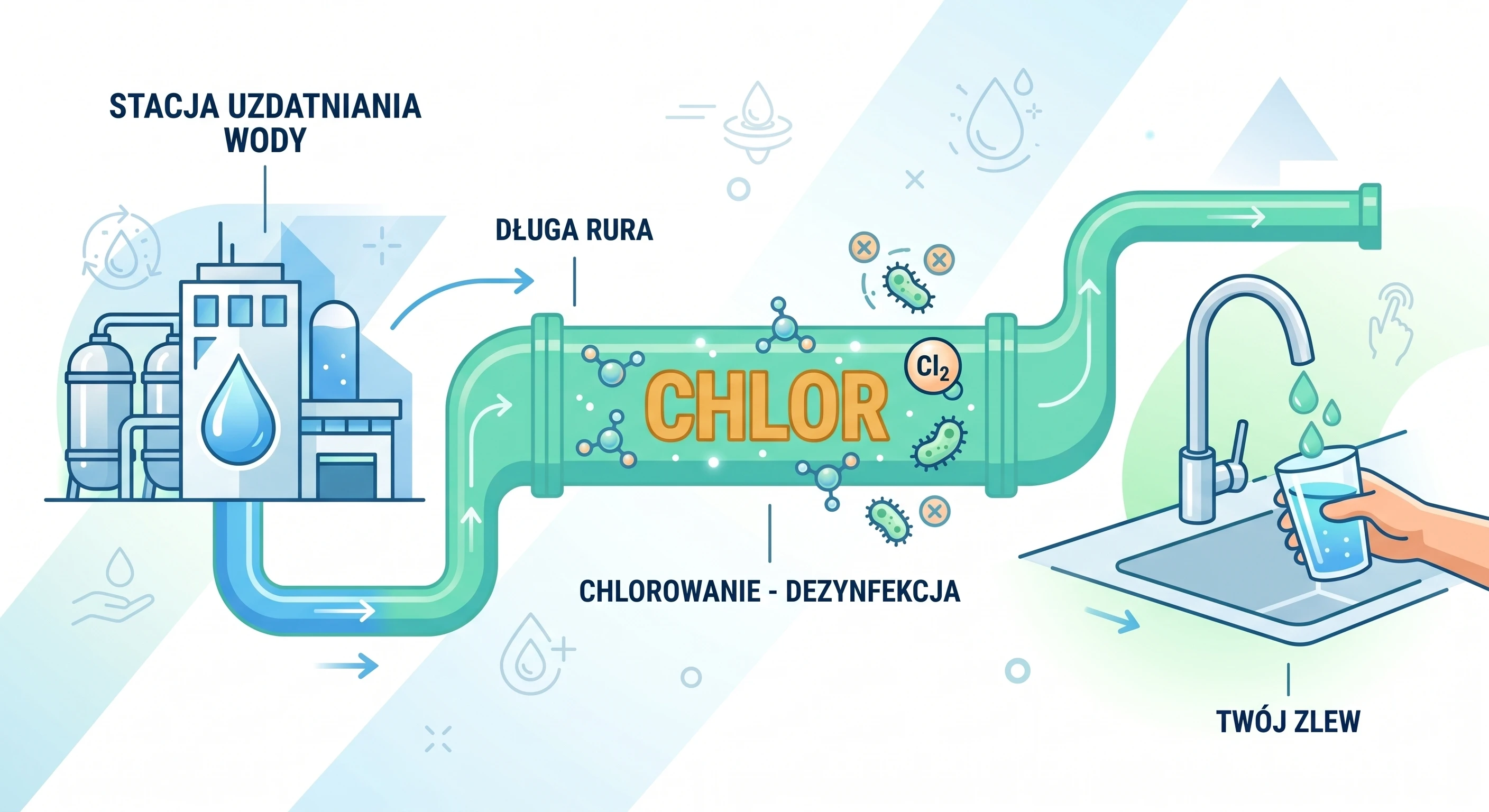 Infografika pokazująca proces chlorowania wody od stacji uzdatniania do domowego zlewu.