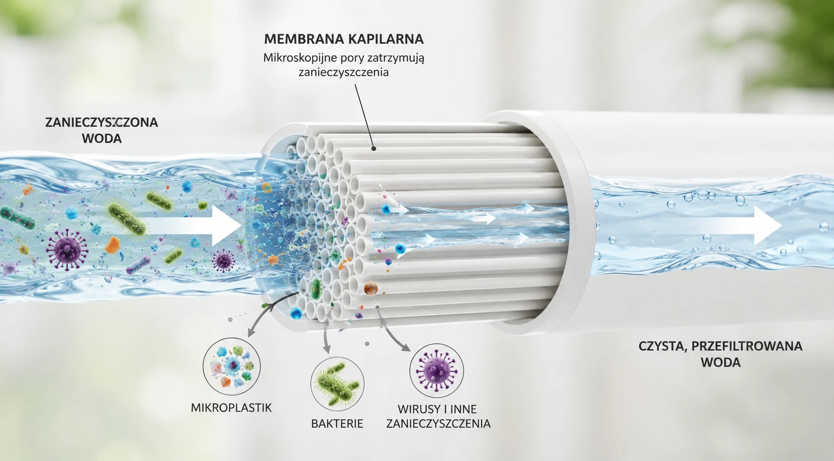 Schemat działania membrany kapilarnej zatrzymującej mikroplastik i bakterie z przepływającej wody.