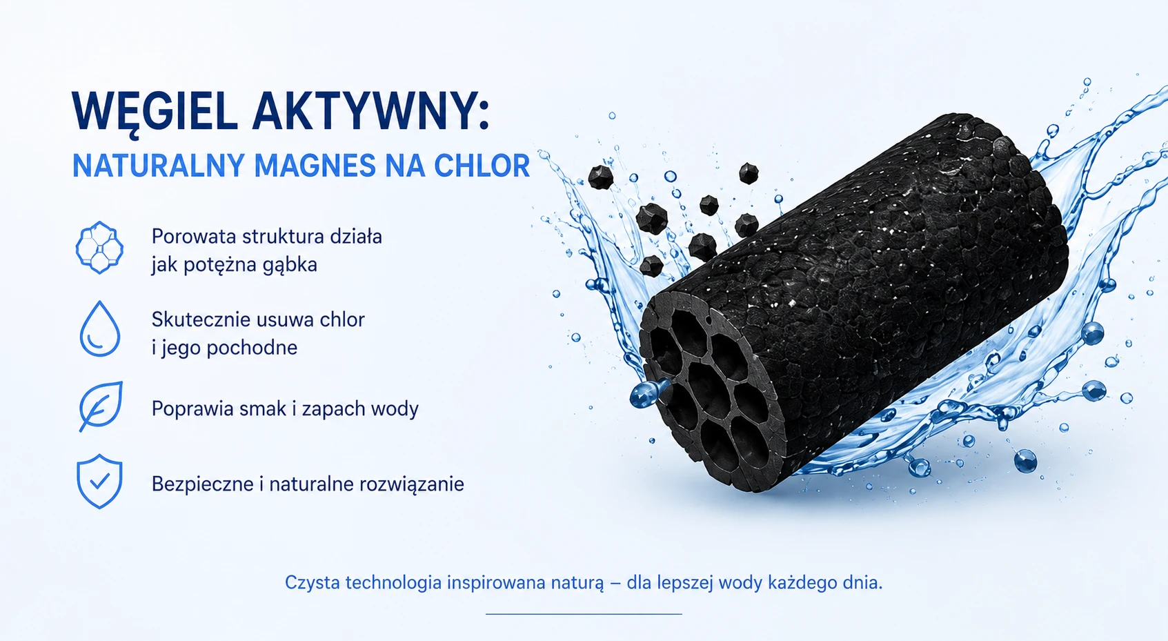 Blok węgla aktywnego działający jak naturalny filtr usuwający chlor z wody pitnej.